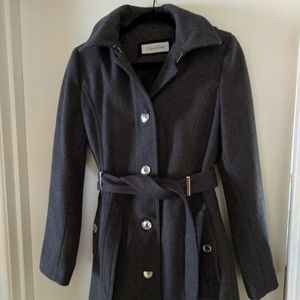 Gray Wool Belted Coat with Hood - Calvin Klein